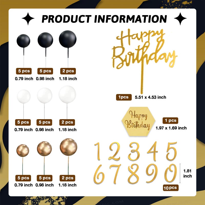 SONICEBUY 48Pcs Balls Cake Toppers Man Cake Decorations with Black Gold White Balls Acrylic Numbers 0-9 and Happy Birthday Cake Insert Toppers for Men Boy Black Theme Birthday Wedding Anniversary Party Supplies - Image 2